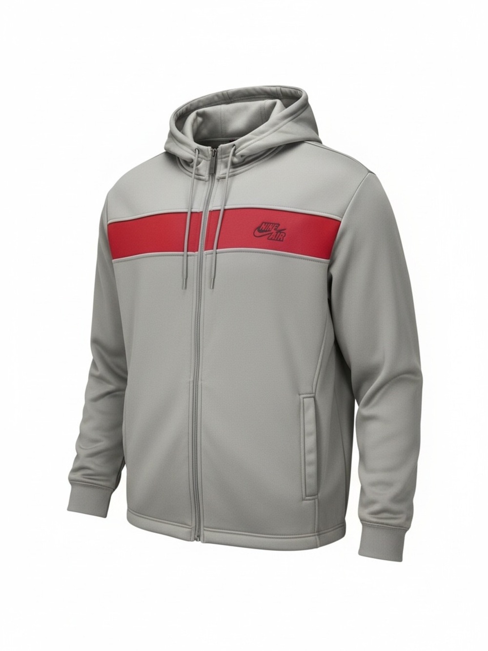 Nike Men’s Light Gray Full-Zip Hoodie with Red Chest Panel